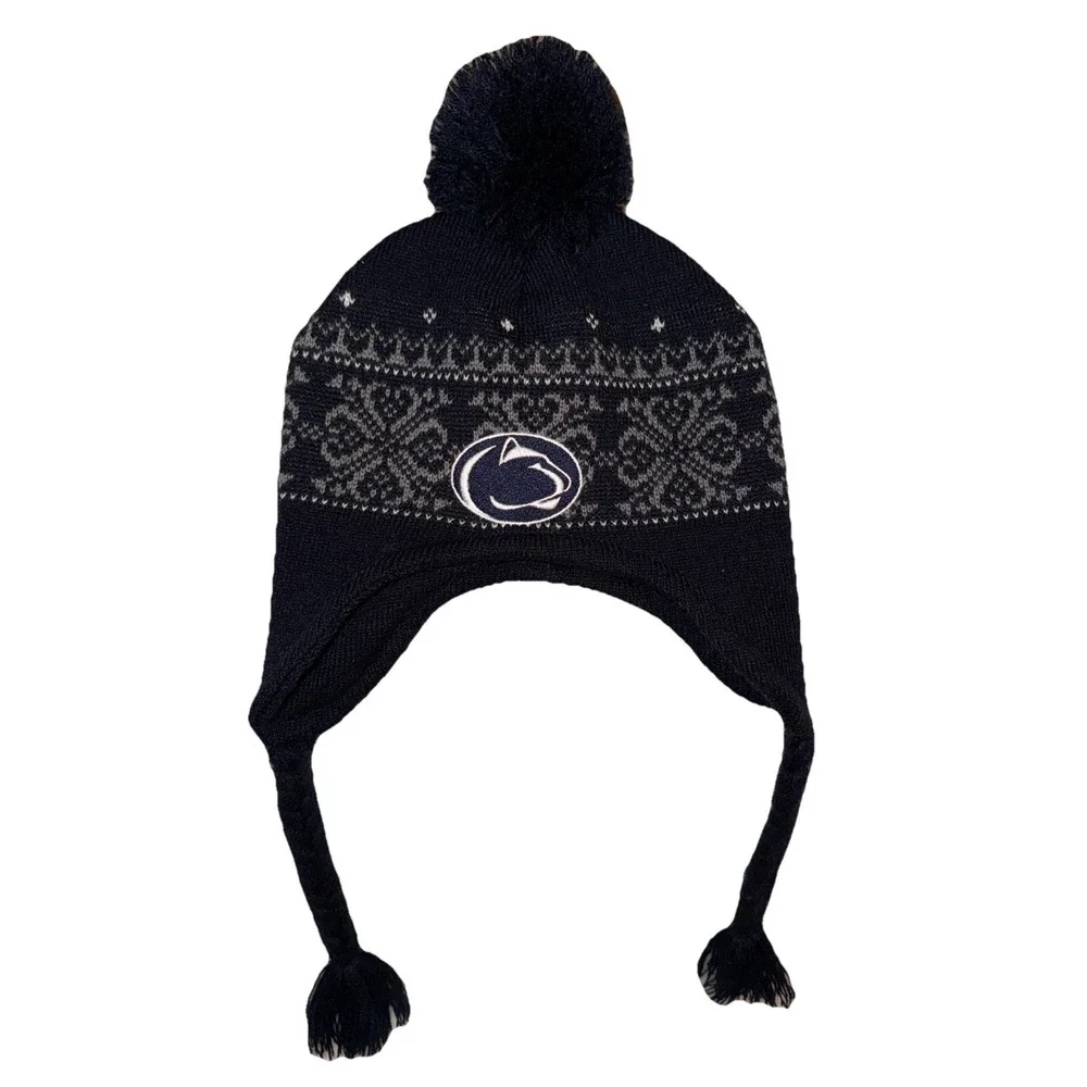 Penn State Winter Trapper Hat Fair Isle Pom Pom Tassels Youth One Size Navy